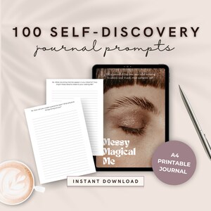 100 dagboksuppmaningar | Arbetsbok för självupptäckt | Självkärlek | Äkthet | Digital nedladdning | Utskrivbar A4-dagbok | Bullet Journal-inspiration