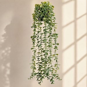 May include: A hanging artificial plant featuring multiple long, cascading stems covered in small, rounded, light green leaves. The plant is contained within a simple black circular pot at the top, with the foliage extending downward in long, thin strands.