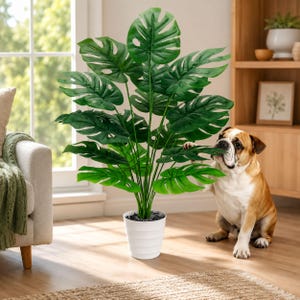 28 Inch Artificial Monstera Plant in White Pot, Faux Indoor Plant, Large Tropical Floor Decor, Realistic Fake Greenery for Living Room