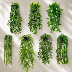 8 Pack Artificial Hanging Plants Set, Faux Hanging Greenery in Black Pots, Fake Ivy and Eucalyptus Vines, Indoor Wall Shelf Decor