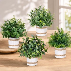 May include: Four artificial green plants in white cylindrical pots. Each pot features a textured white finish with two horizontal bands of natural jute twine wrapped around the center and base, holding dense, leafy foliage in various shades of green.
