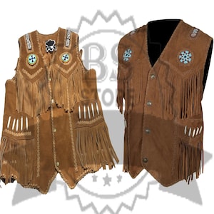Herren Western Cowboy Style Perlen Braun Wildleder Weste Mit Braunen Fransen
