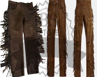 Pantalón de cuero de cuero de estilo tradicional para hombres nativos, pantalón de cuero de ante hecho a mano de vaquero occidental, pantalón de cuero de ante para hombre con flecos