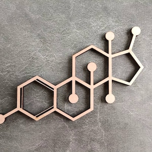 May include: A wooden wall decor in the shape of a chemical structure, with six hexagonal rings connected by lines. The structure is made of light brown wood and is mounted on a gray background.