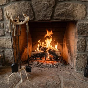May include: A fireplace tool set featuring a black metal stand and handles accented with natural-colored deer antlers. The set includes a shovel, a brush, and a poker, all suspended from the antler-topped frame, positioned near a stone fireplace.