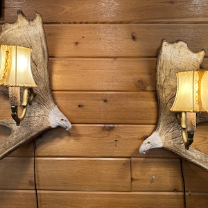 May include: Two wall sconces made from antlers with eagle heads and fabric lampshades. The sconces are mounted on a wooden wall.