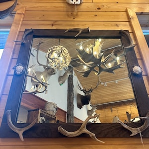 Alder Wood Mirror with Real Antler Accents – 2 Sizes & Stain Options | Rustic Wall Art, Artist Direct, Ready to Ship, Made in USA