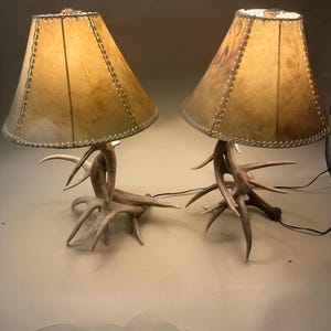 May include: A pair of antler table lamps with leather lampshades. The lamps have a rustic, western style.