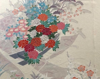 Vintage Japanese Kimono Silk Fabric | Floral Pattern on Cream White Premium long fabric | 164cm (64")