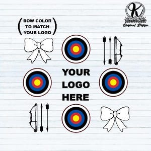 May include: A graphic design featuring archery-themed elements. Includes bow and arrow illustrations, bullseye targets, and bow outlines. Text reads "BOW COLOR TO MATCH YOUR LOGO" and "YOUR LOGO HERE". The design is on a white wood-grain background.