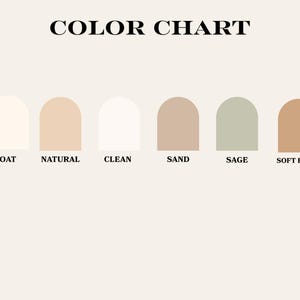 May include: A color chart featuring the text COLOR CHART at the top and six arch-shaped swatches labeled Oat, Natural, Clean, Sand, Sage, and Soft Fawn. The swatches display a range of neutral tones including off-white, beige, tan, and muted green.