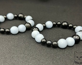 Angelite and Obsidian (His and hers angel communication custom bracelets)