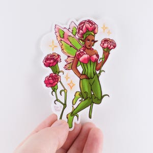Pegatina de hada de flores de clavel / Calcomanía de vinilo troquelado resistente al agua y brillante de 3,5" / Arte original mágico lindo para la estética de Fairycore y Cottagecore