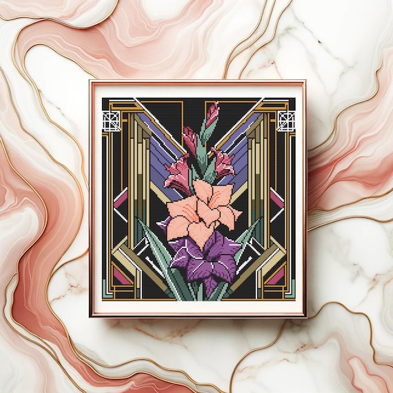Art Deco Gladiolus August Birth Flower Cross Stitch Pattern