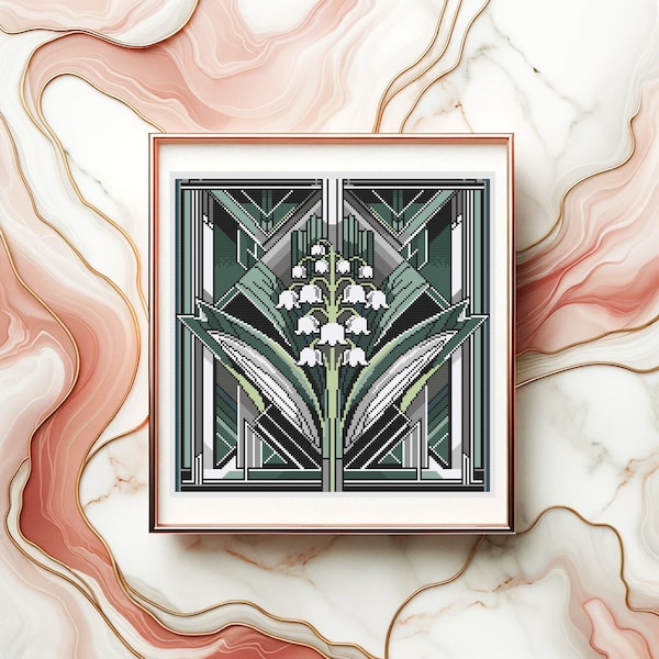 Art Deco Lily of the Valley May Birth Flower Cross Stitch Pattern
