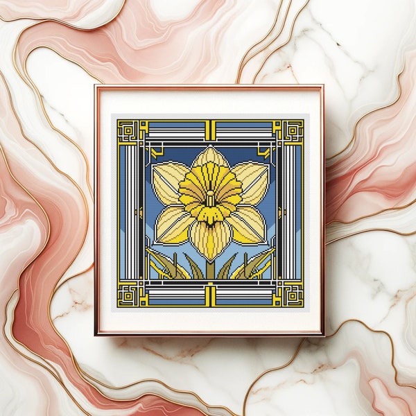 Art Deco Daffodil March Birth Flower Cross Stitch Pattern