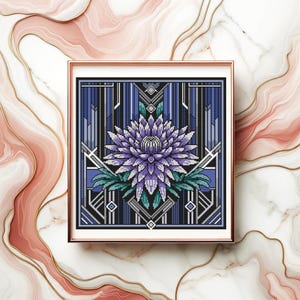 May include: A purple flower with a geometric design in shades of blue, black, and white. The flower is surrounded by a geometric pattern.