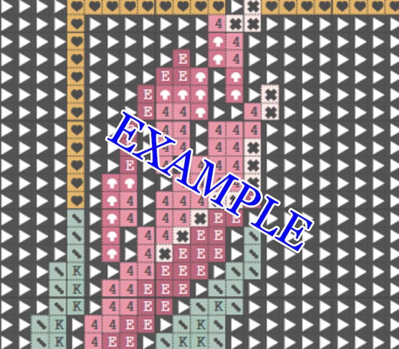 K&ouml;nnte beinhalten: Ein Kreuzstichmuster mit einem rosa-gr&uuml;nen Blumendesign. Das Muster enth&auml;lt die Buchstaben "E", "K", "4" und "X".