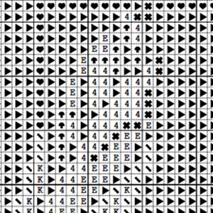 K&ouml;nnte beinhalten: Schwarzwei&szlig;es Kreuzstichmuster mit Symbolen wie Herzen, Pilzen, Pfeilen und den Buchstaben E, K und 4.