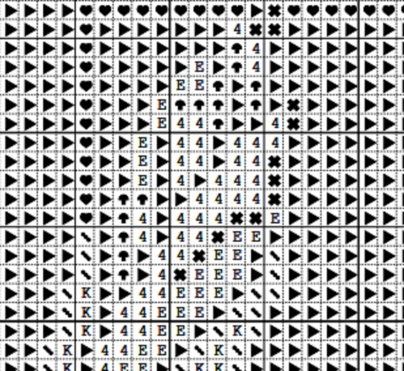 K&ouml;nnte beinhalten: Schwarzwei&szlig;es Kreuzstichmuster mit Symbolen wie Herzen, Pilzen, Pfeilen und den Buchstaben E, K und 4.