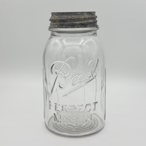 Vintage Quart-sized Clear PERFECT MASON Ball Jar with 8 Gripper Ribs, Zinc Cap and Boyd's Milk Glass insert, 1933