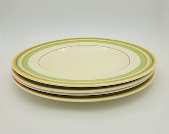 Very Rare Woods & Sons Ivory Ware, Yellow and Lime Green Stripes, 9&quot; Plates, 1930s