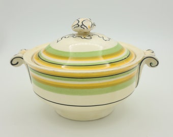 Very Rare Woods & Sons Ivory Ware Sugar Bowl, Yellow and Lime Green Stripes, 1930s