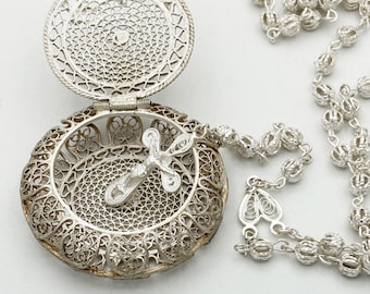 Rosary TOKYO　ミラー　ブラシ　セット　レトロ　アンティーク　シルバー Vintage 800 Silver Filigree Rosary With Cross in Round Box - 1960s