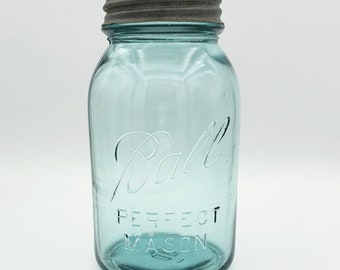 Very Rare Antique Quart-sized 'Blue Ball' Perfect Mason Ball Jar with Zinc Cap and Boyd's Milk Glass insert, 1923