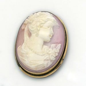Könnte beinhalten: Ovale Kamee-Brosche mit dem Profil einer Frau, die in Weiß vor einem hellvioletten Hintergrund geschnitzt ist. Das Haar der Frau ist mit einem Blumenkranz geschmückt. Die Brosche ist von einem goldfarbenen Metallrand umgeben.