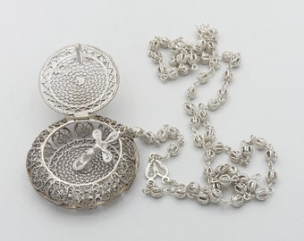 Vintage 800 Silver Filigree Rosary With Cross in Round Box - 1960s