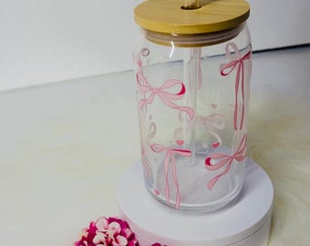 Handmade Bows Glass Cup with Lid and Straw, 16oz