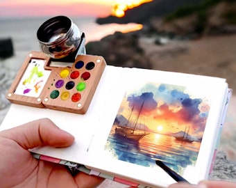 Houten aquarelpalet, draagbaar verfpalet, reisaquarelset, aquarelbenodigdheden, go Draw, reisverfset