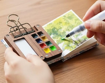Portable Walnut Travel Watercolor Kit, Pocket Palette 8-Color Schmincke, Mini Watercolor Sketchbook, Water Brush