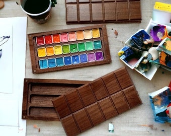 Paleta de acuarela de madera, paleta de pintor, paleta de pintura de bambú, suministros de acuarela, bandeja de pintura de nogal negro