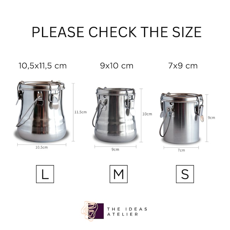 May include: Three stainless steel paint containers with lids and handles. The containers are labeled with their sizes: 10.5 x 11.5 cm (L), 9 x 10 cm (M), and 7 x 9 cm (S).