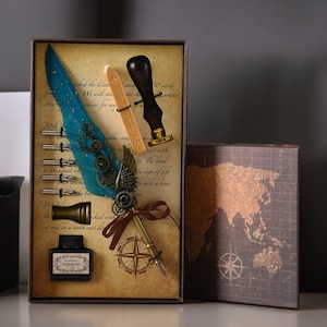 Penna stilografica antica, penna piuma con inchiostro, set per calligrafia, penna stilografica piuma, timbro con sigillo in ceralacca, regali per scrittori