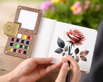 15 Colors Travel Set Portable Paint Box, Watercolor Palette Walnut Box, Artist Paint Set, Gift for Painters, Portable Art Supplies