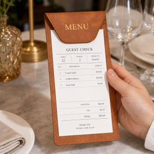 May include: A rectangular brown faux leather guest check holder with a triangular flap featuring the word MENU embossed in gold. The holder contains a white paper guest check with printed table, guest, and itemized order details.
