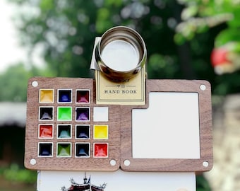 Houten aquarelpalet, draagbaar verfpalet, reisaquarelset, aquarelbenodigdheden, miniverfdoos