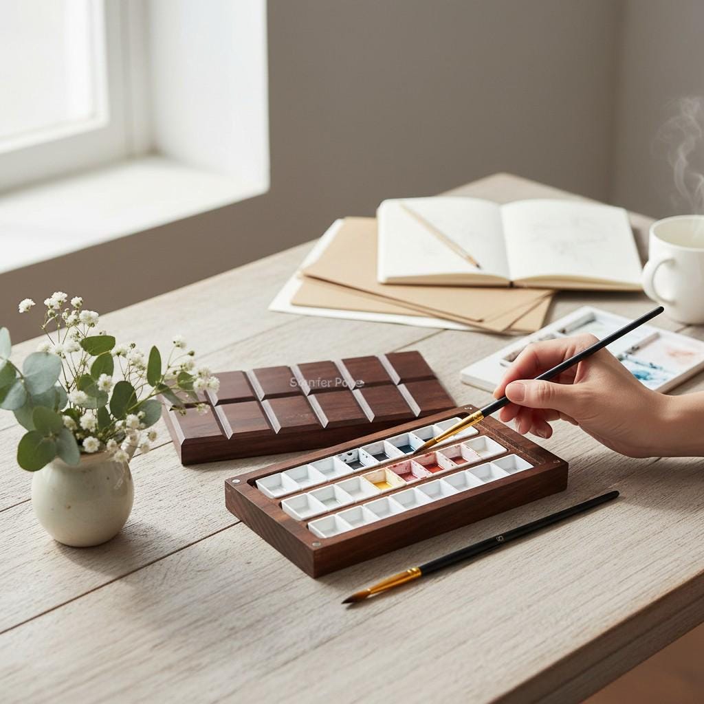 木製水彩パレット、ポータブル水彩絵具箱、旅行用竹製絵具パレット