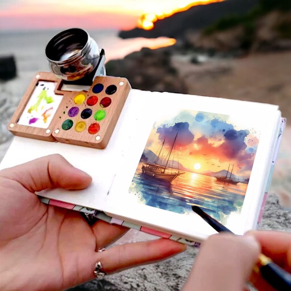 Mini Travel Watercolor Set - 18 Colors, Wooden Palette, Sketchbook & Brushes, Portable Art Kit For Artists (Pink)