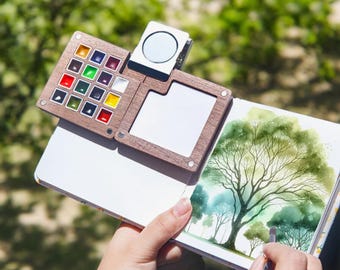Houten aquarelpalet, draagbaar verfpalet, reisaquarelset, aquarelbenodigdheden, gaan tekenen, miniverfdoos