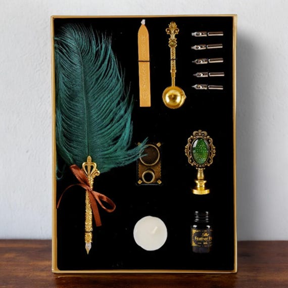 Set Penna D'Oca Calligrafia Retrò - Penna Piuma Con Inchiostro, 5 Pennini E Portapenne In Stile Vintage, Verde - Foto 2