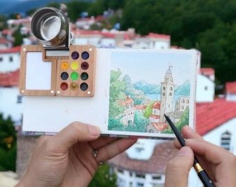 Houten aquarelpalet, draagbaar verfpalet, reisaquarelset, aquarelbenodigdheden, go Draw, reisverfset