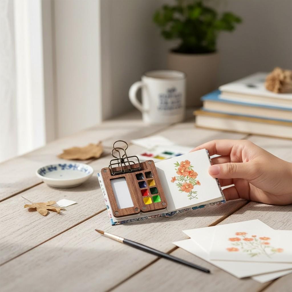 ACTANCEN A6 Watercolor Travel Set - Refillable Embroidered Journal With Detachable Paint Palette, Tulip Design