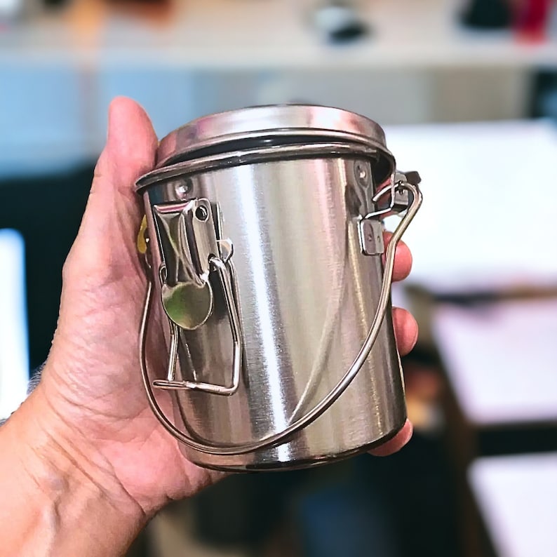 May include: A silver metal paint can with a hinged lid and a carrying handle. The can is made of stainless steel and has a smooth, polished finish.