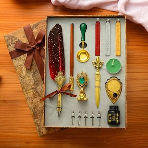Feder Dip Pen Kit, antiker Füllfederhalter, Kalligraphie-Set, Feder Füllfederhalter, Wachssiegelstempel, Geschenke für Schriftsteller