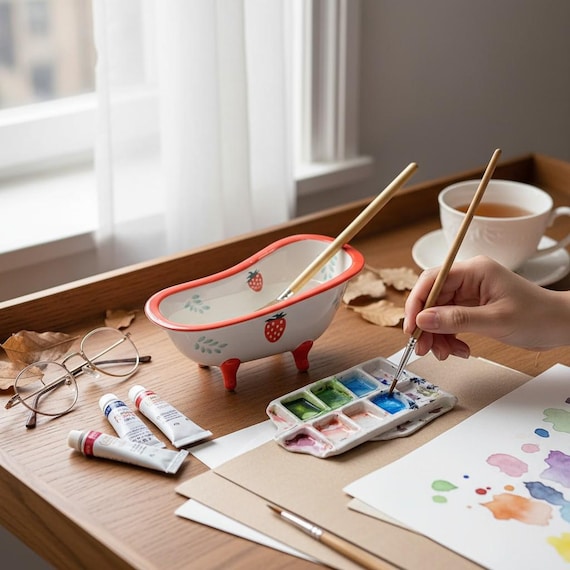 Artist Paint Brush Washer & Holder Basin With Lid - 3 Compartments For Cleaning & Drying 12 Brushes