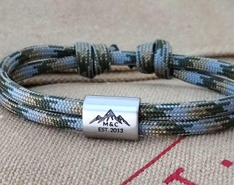 Bracelet alpiniste en paracorde : motif montagne gravé avec nom personnalisé, bracelet réglable pour homme, cadeau de Saint-Valentin pour couple